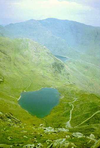 Low Water, Levers Water and Wetherlam from Coniston Old Man