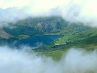 Llyn Cwellyn through clouds from
Snowdon summit