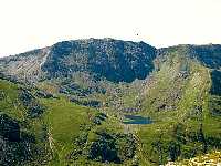 Llyn Bochlwyd & Glyder Fach from Pen yr Ole Wen - mountain rescue helicopter above